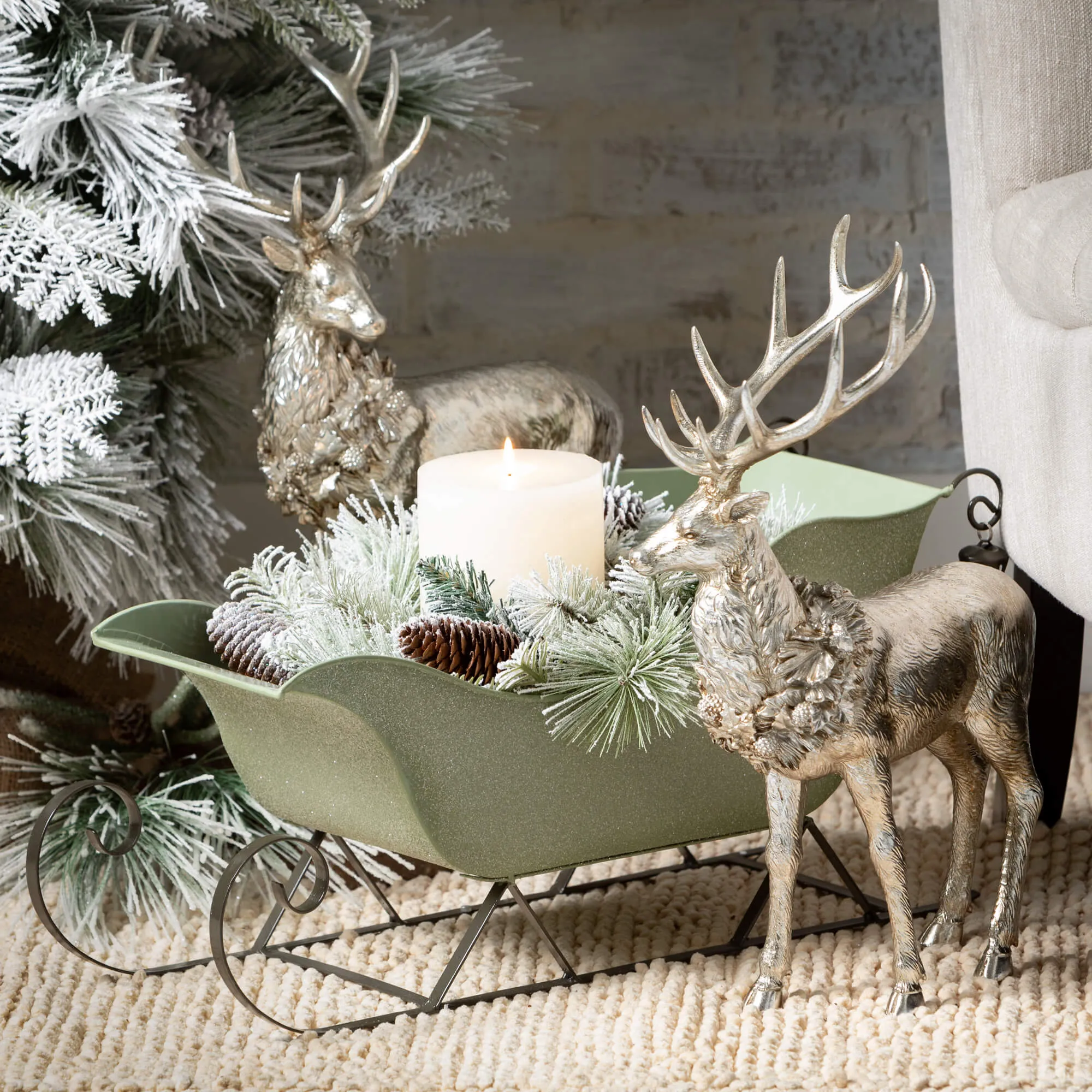 9"H and 10.25"H Sullivans Green Sleigh - Set of 2, Christmas Decor, Green