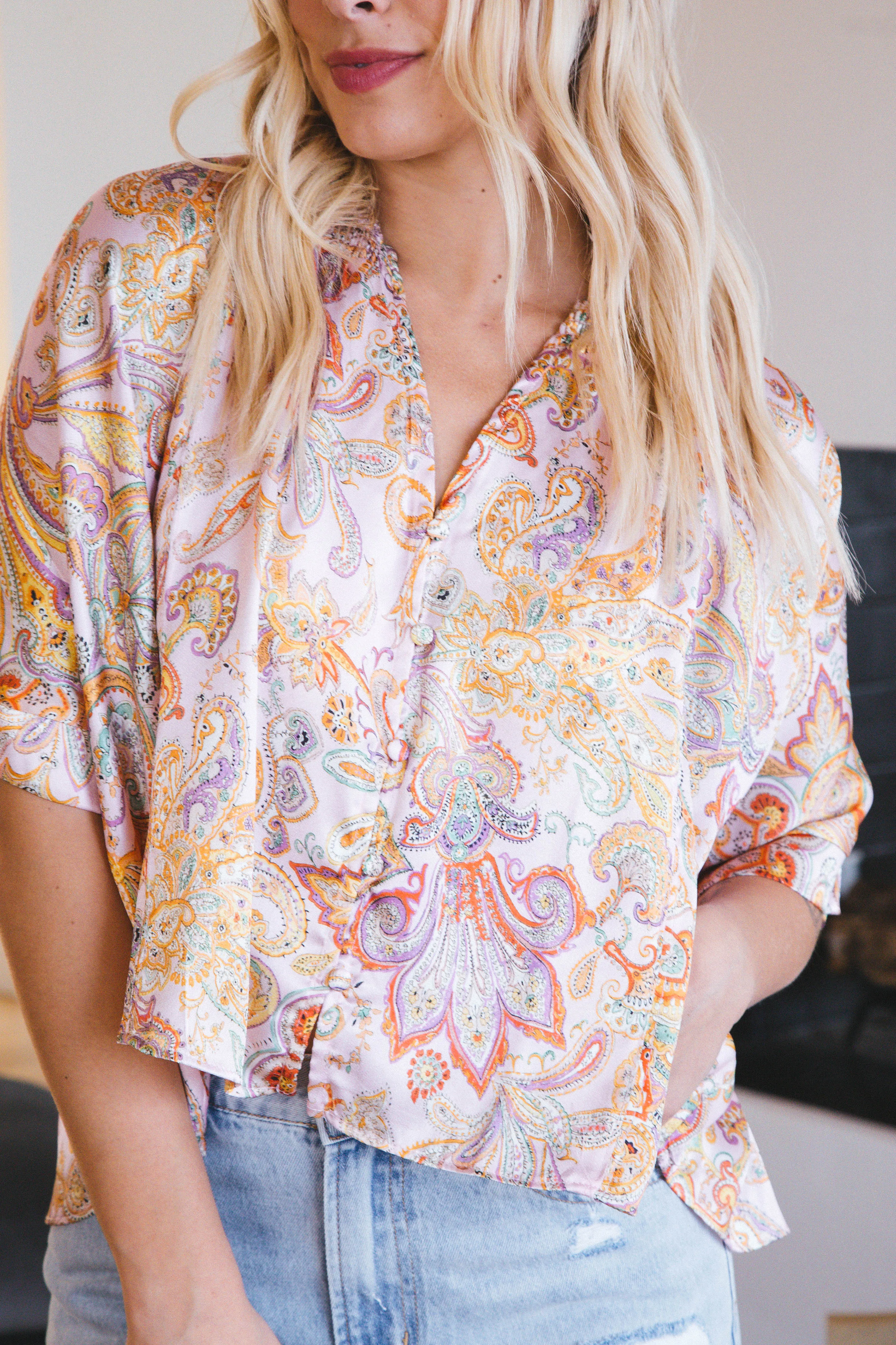 Allison Paisley Satin Blouse, Light Pink