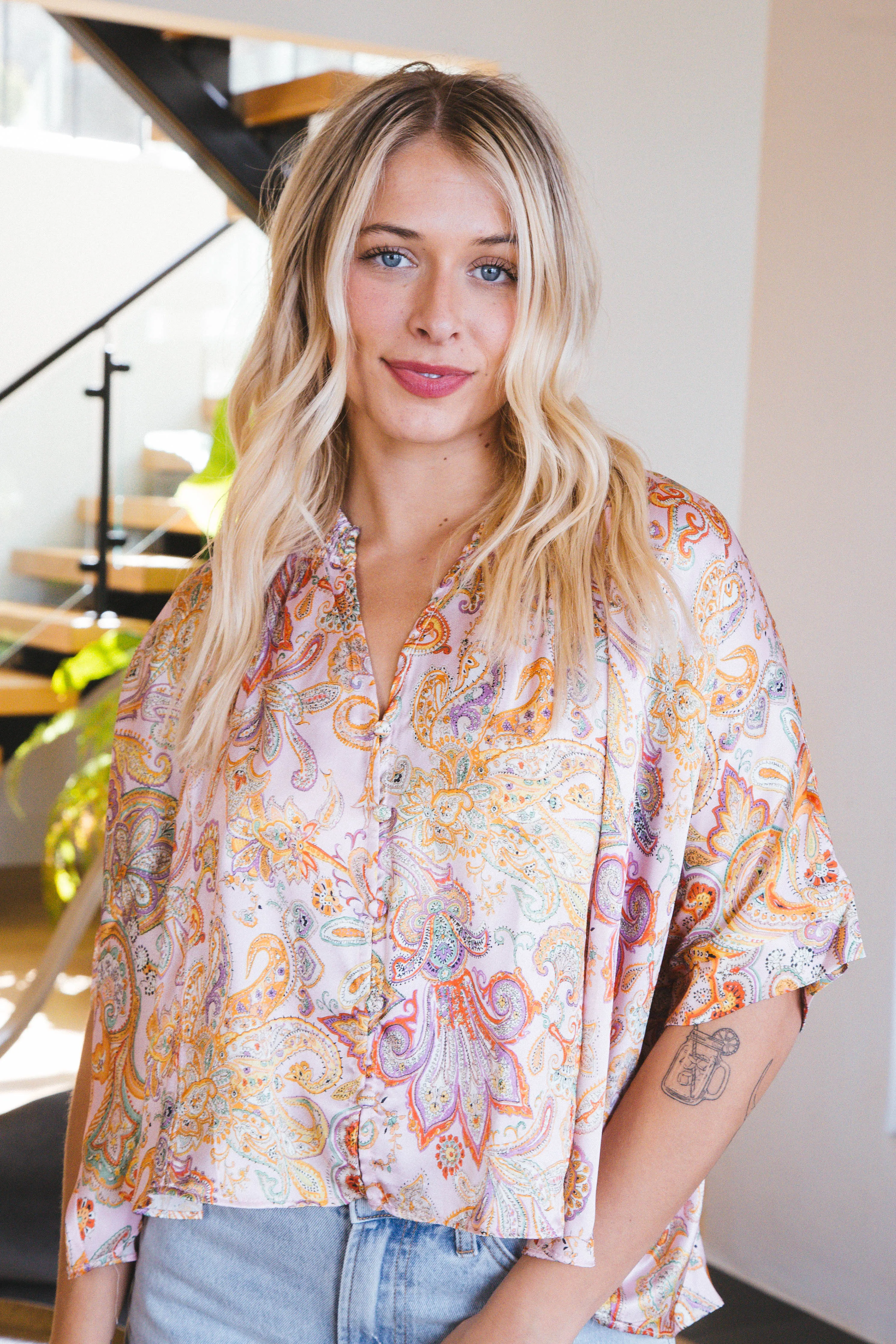 Allison Paisley Satin Blouse, Light Pink