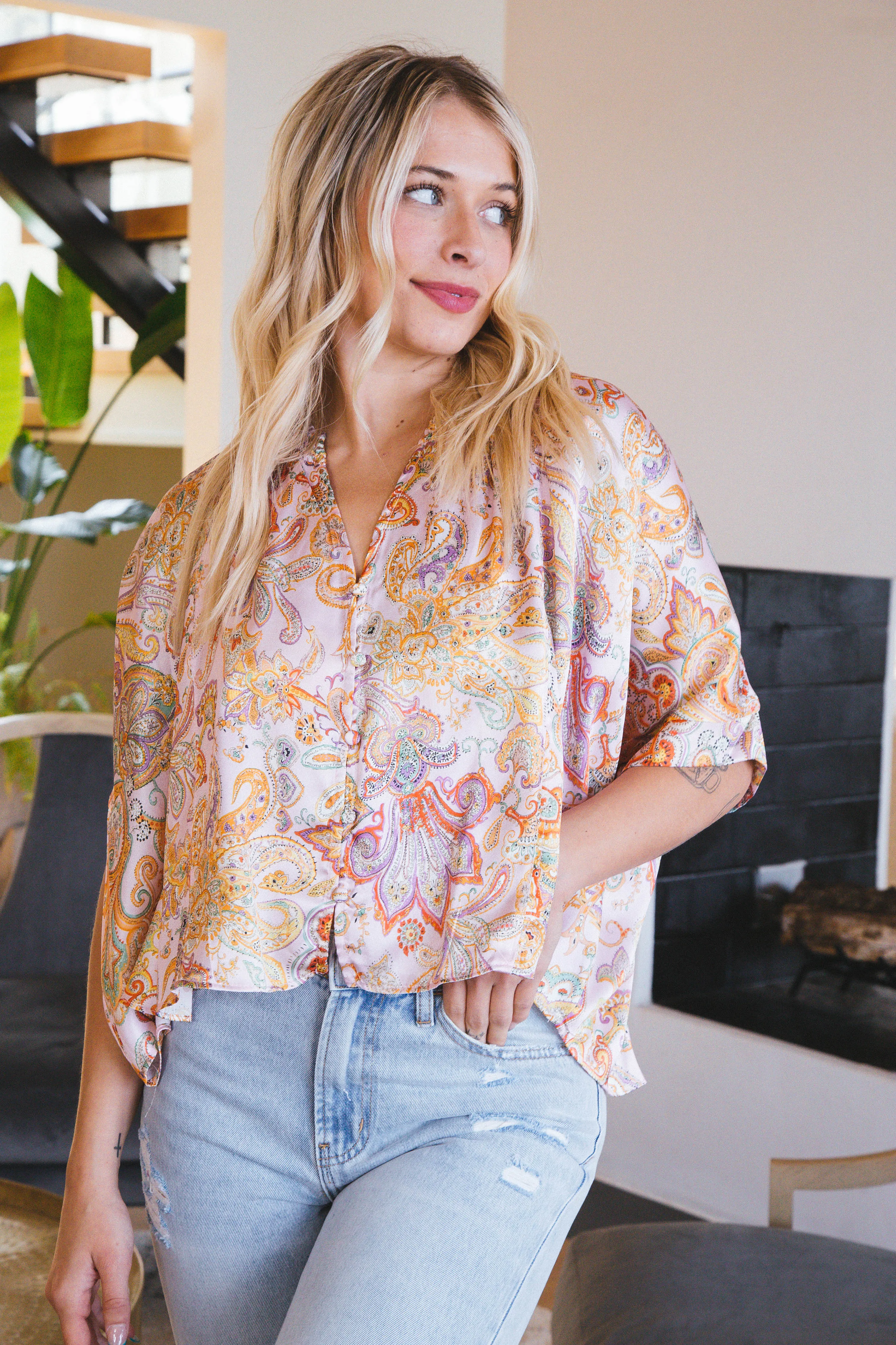 Allison Paisley Satin Blouse, Light Pink