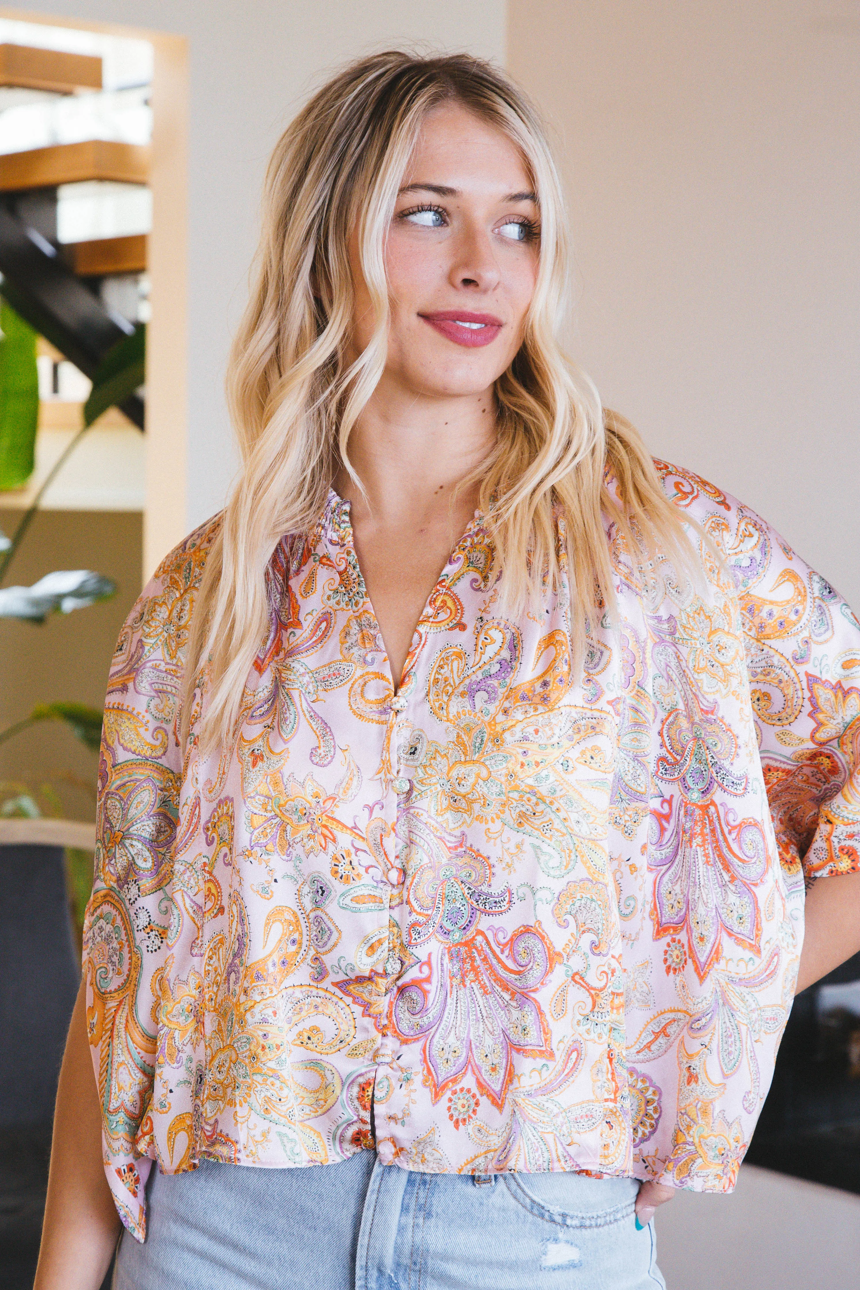 Allison Paisley Satin Blouse, Light Pink