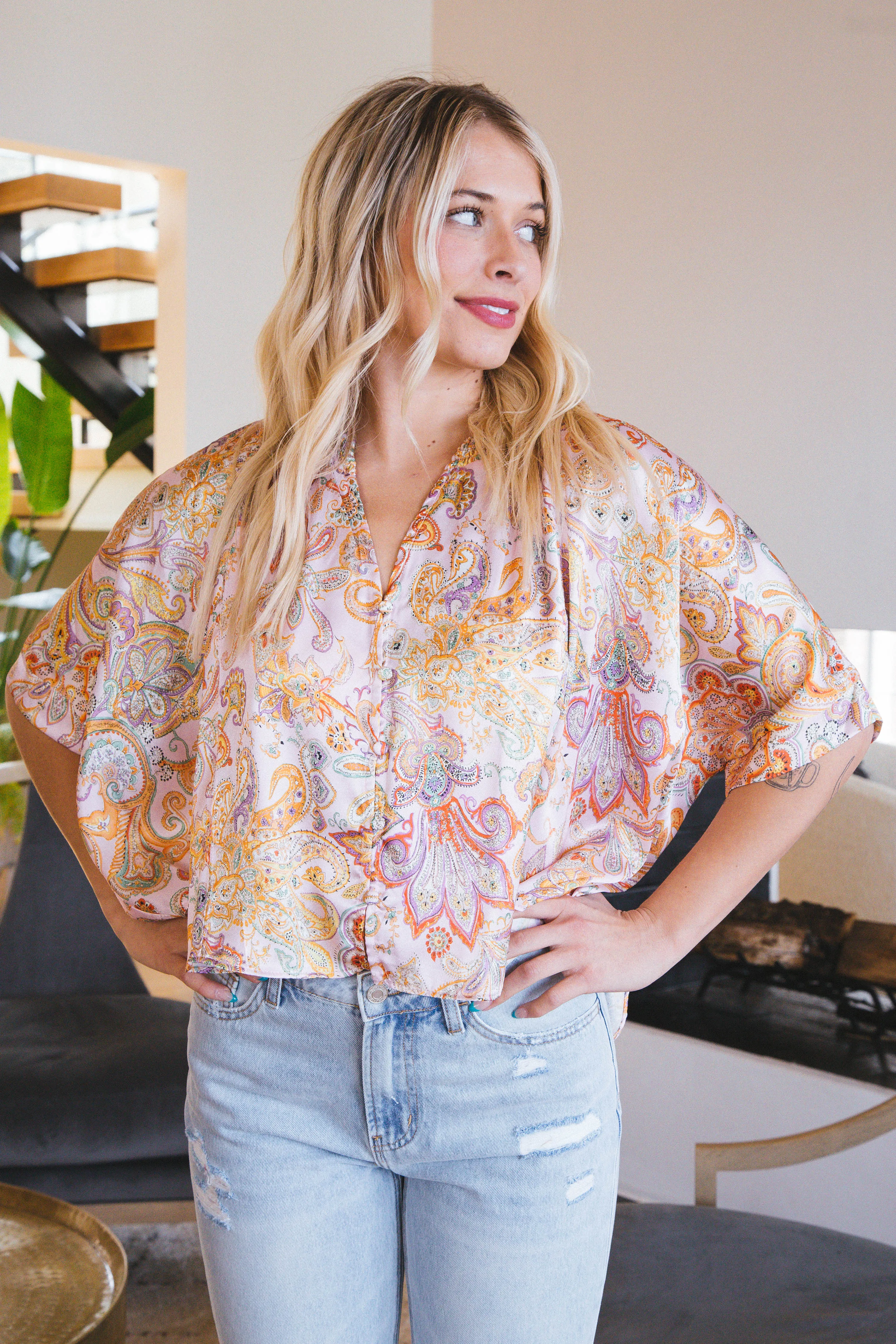 Allison Paisley Satin Blouse, Light Pink