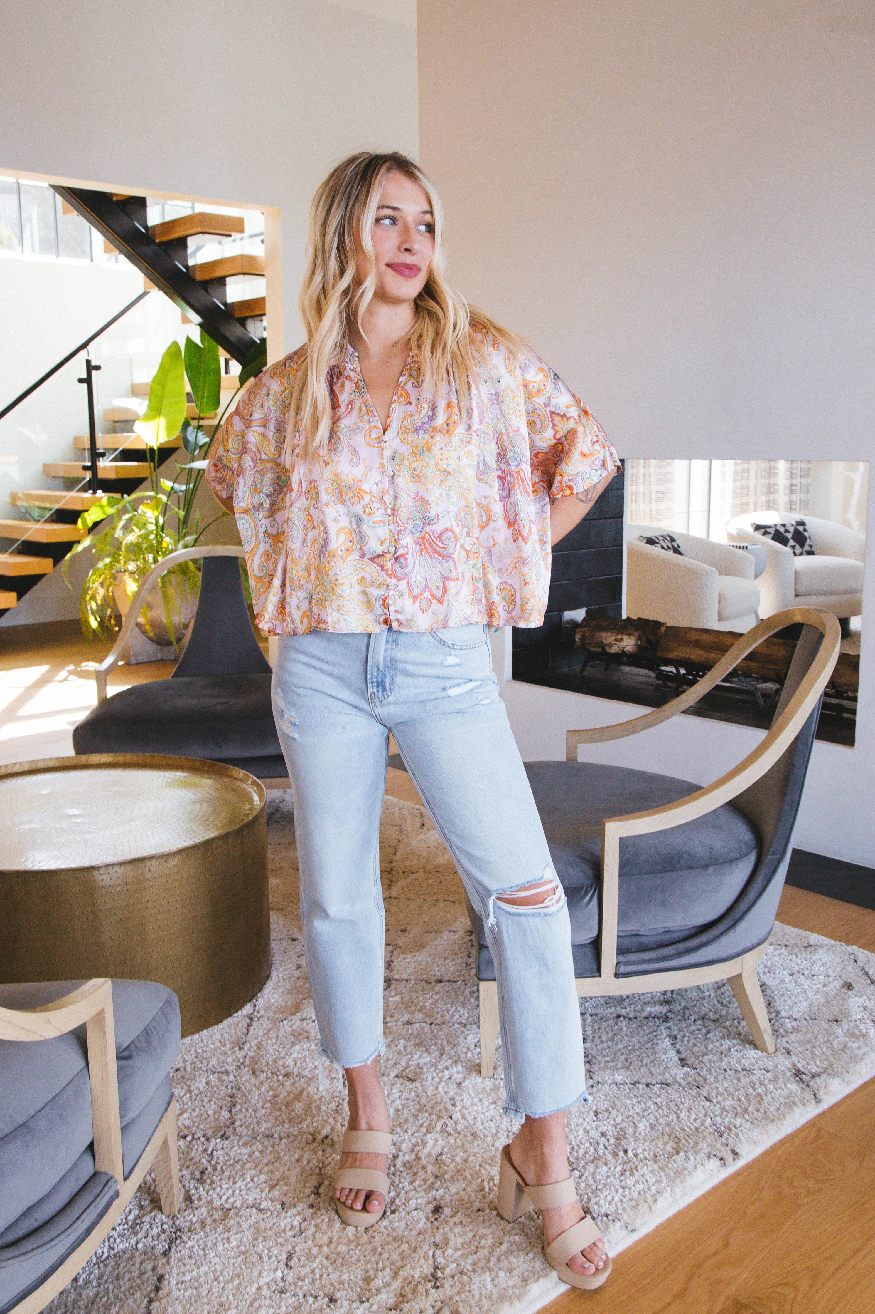 Allison Paisley Satin Blouse, Light Pink