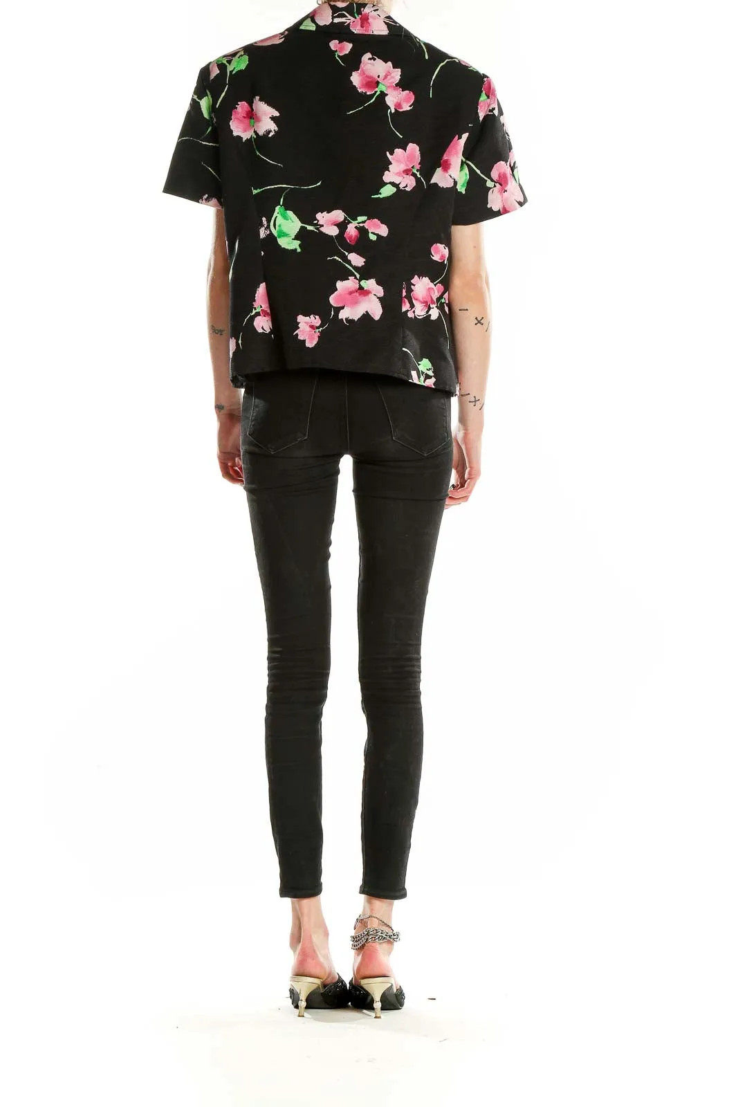 Black Floral Short-Sleeve Silk Blend Jacket