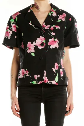 Black Floral Short-Sleeve Silk Blend Jacket