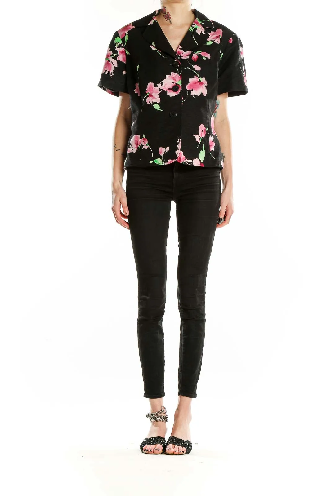 Black Floral Short-Sleeve Silk Blend Jacket