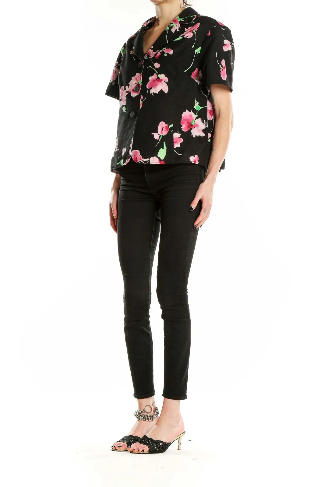 Black Floral Short-Sleeve Silk Blend Jacket