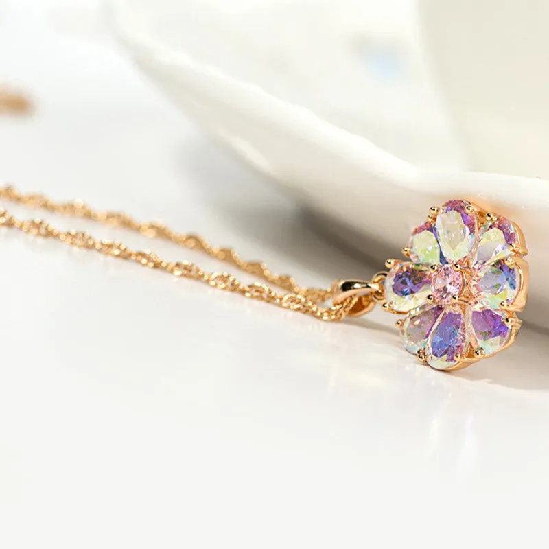 Brand New Arrival Shining Rainbow Flower Cubic Zircon Pendant Necklace for Women Girl's Jewelry Gift Champagne Gold Plated
