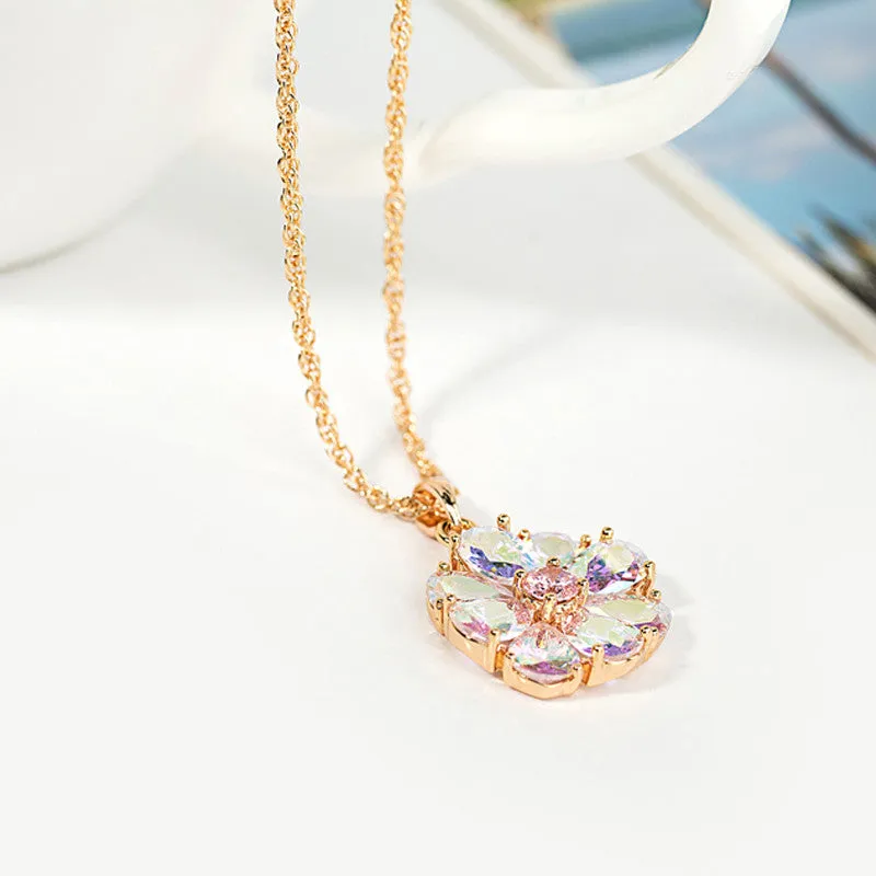 Brand New Arrival Shining Rainbow Flower Cubic Zircon Pendant Necklace for Women Girl's Jewelry Gift Champagne Gold Plated