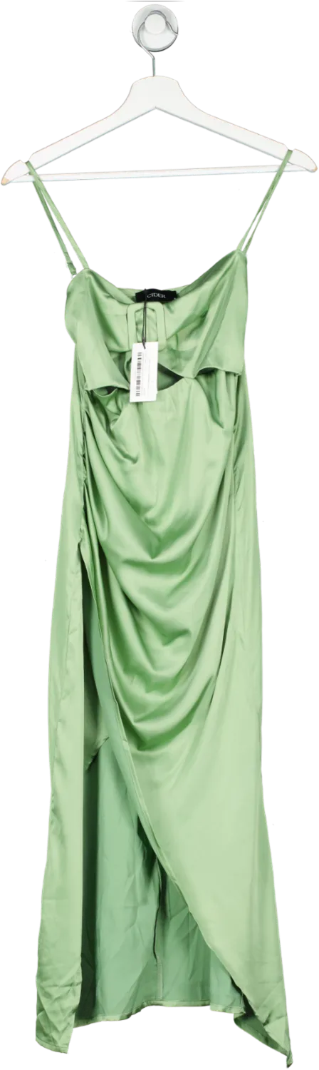 Cider Green Satin Ruched Cut Out Slit Midi Dress UK S