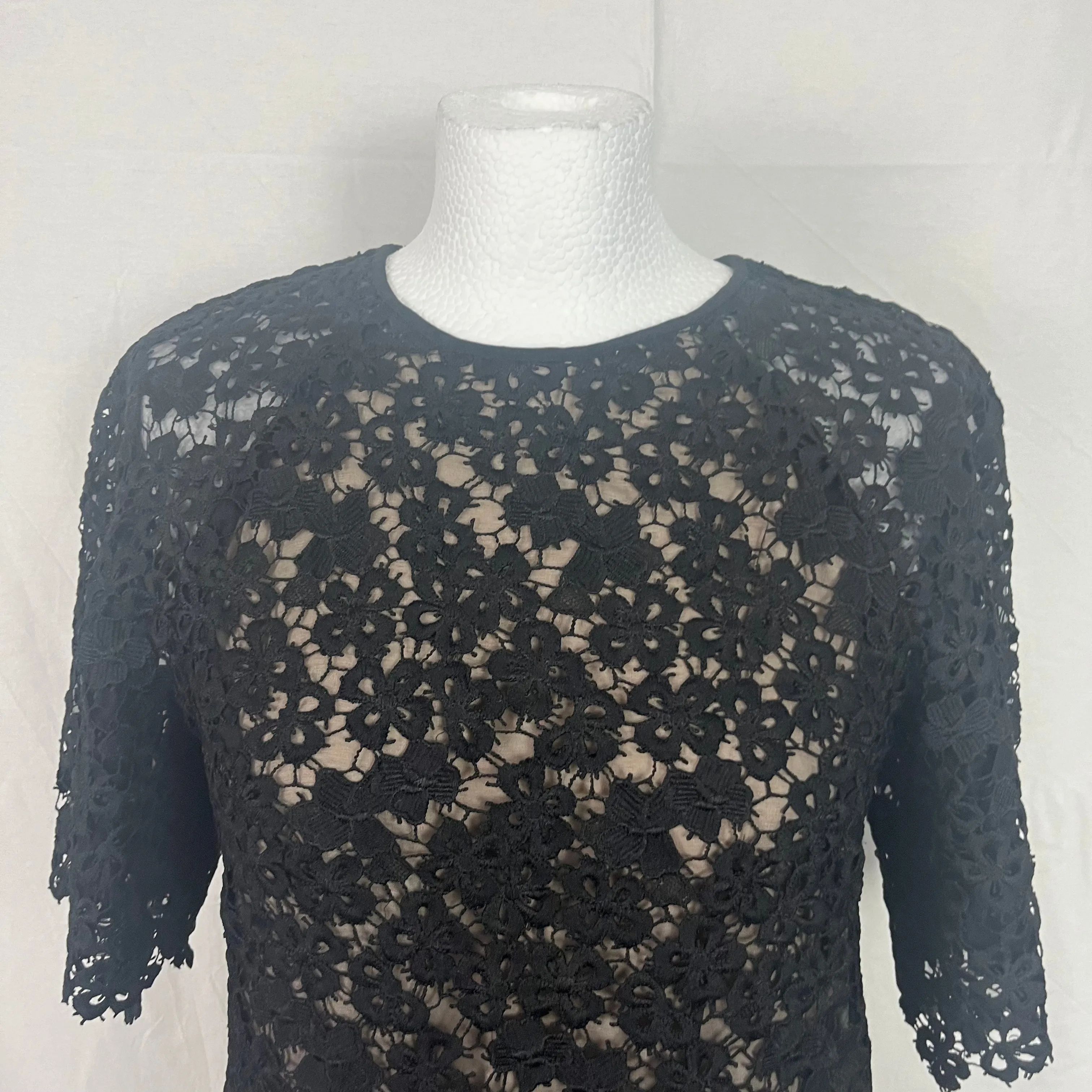 Erdem 1500 Black Floral Lace Midi Shift Dress S