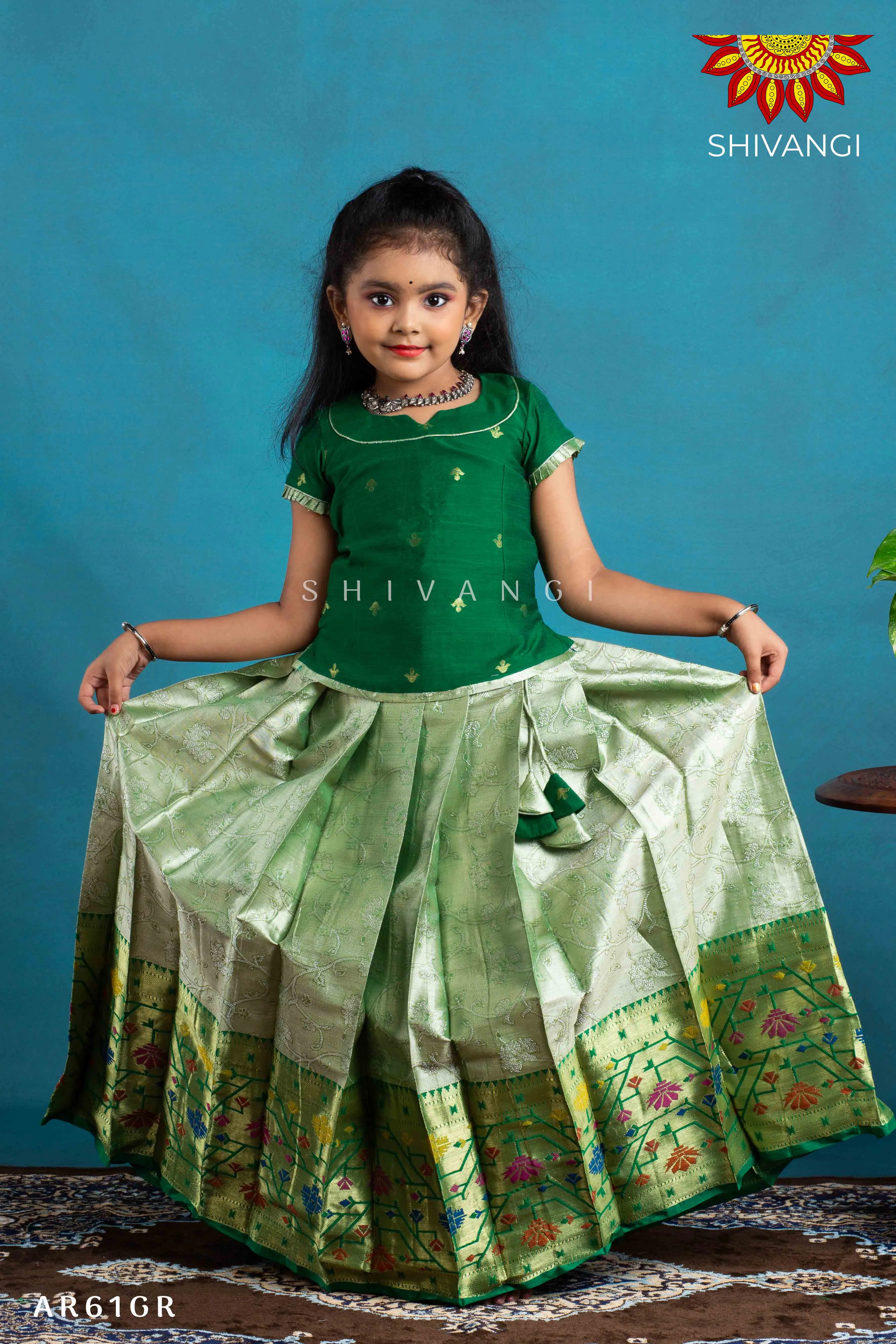 Girls Green Digital Lotus Pattu Pavadai