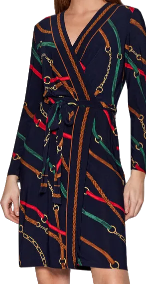 LAUREN RALPH LAUREN Navy Blue / Multi  Belting-print Jersey Dress Bnwt UK 12