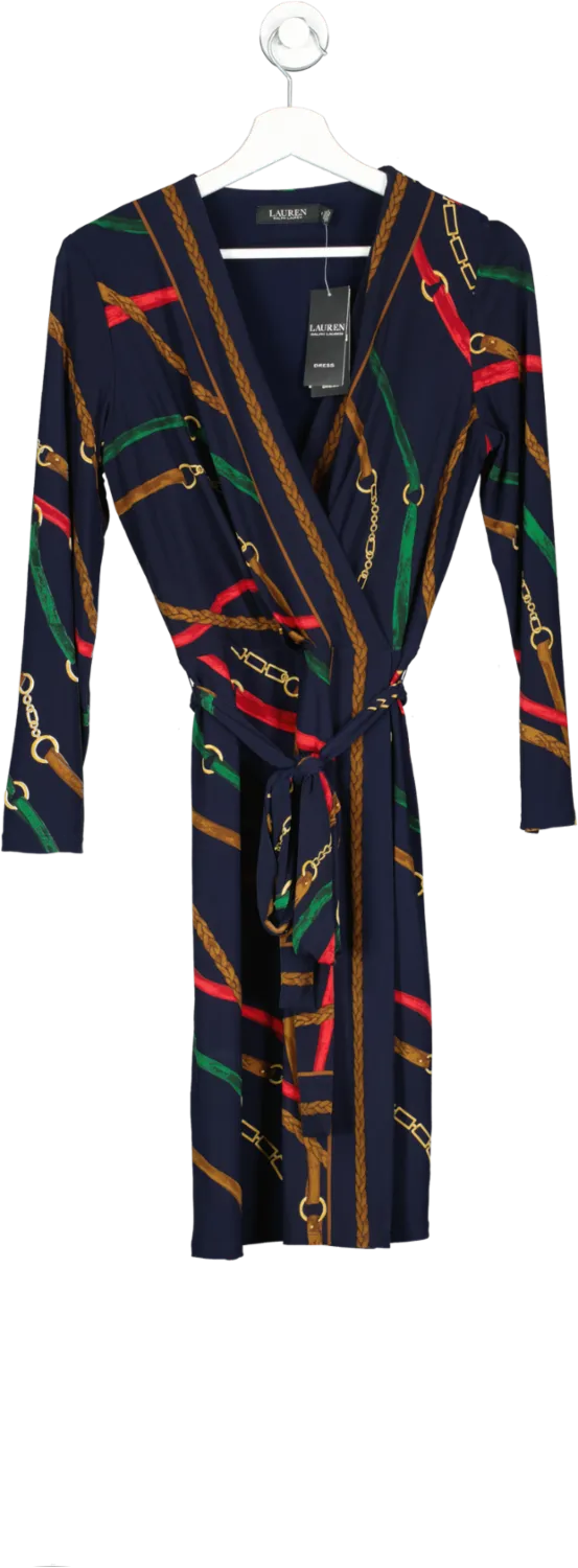 LAUREN RALPH LAUREN Navy Blue / Multi  Belting-print Jersey Dress Bnwt UK 12