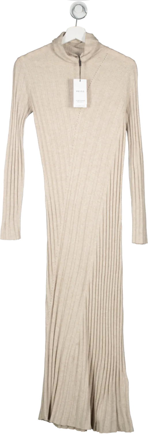 REISS Beige Cashmere Blend Cady Fitted Knitted Midi Dress UK XS