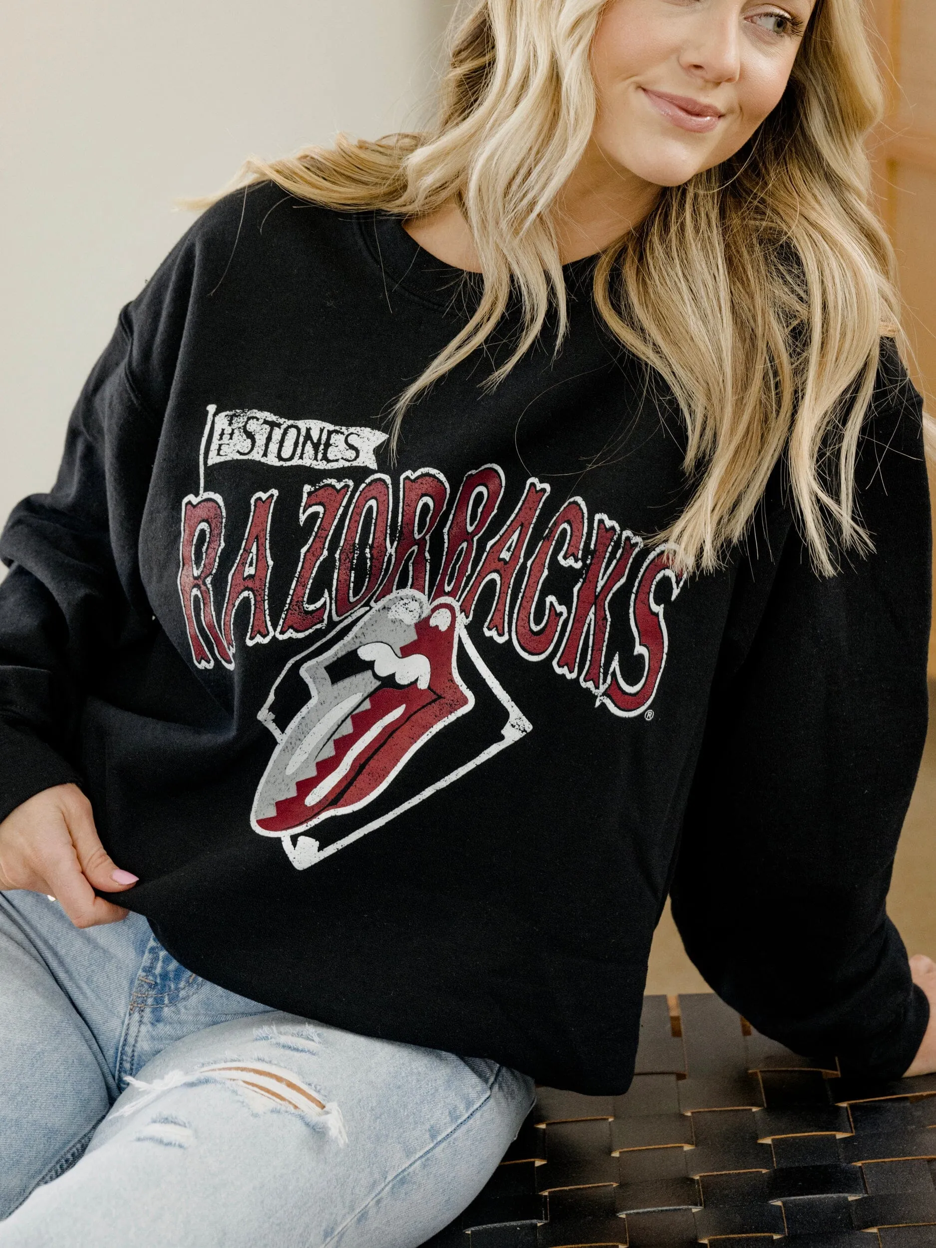 Rolling Stones Razorbacks Baseball Diamond Black Thrifted Sweatshirt