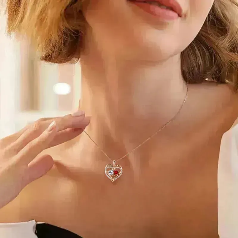 S925 Silver Double Love Necklace With Rhinestones Fashion Personality Heart-shaped Necklace Valentine's Day Gift
