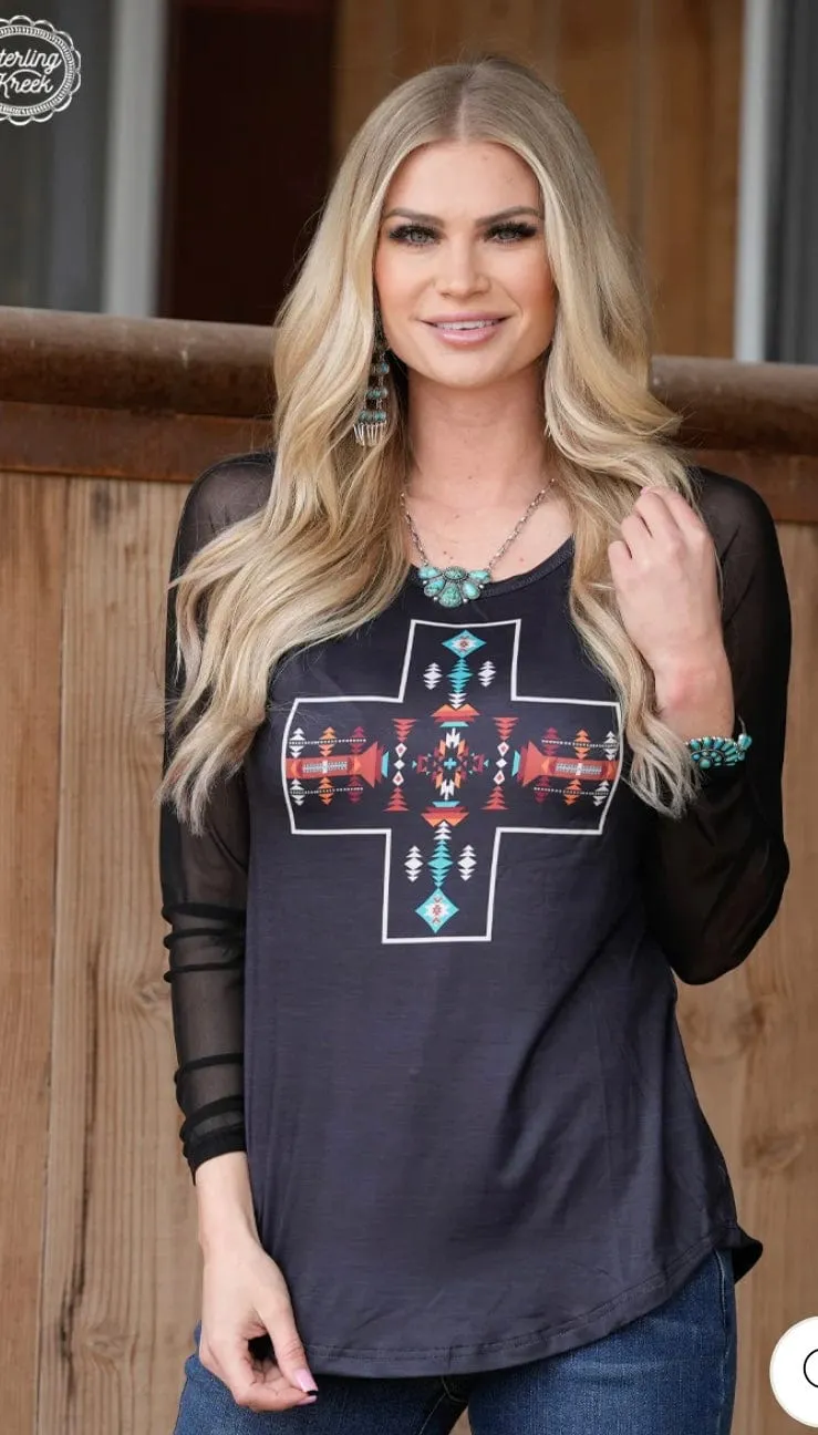 The Aztec Sun Mesh Sleeve Top